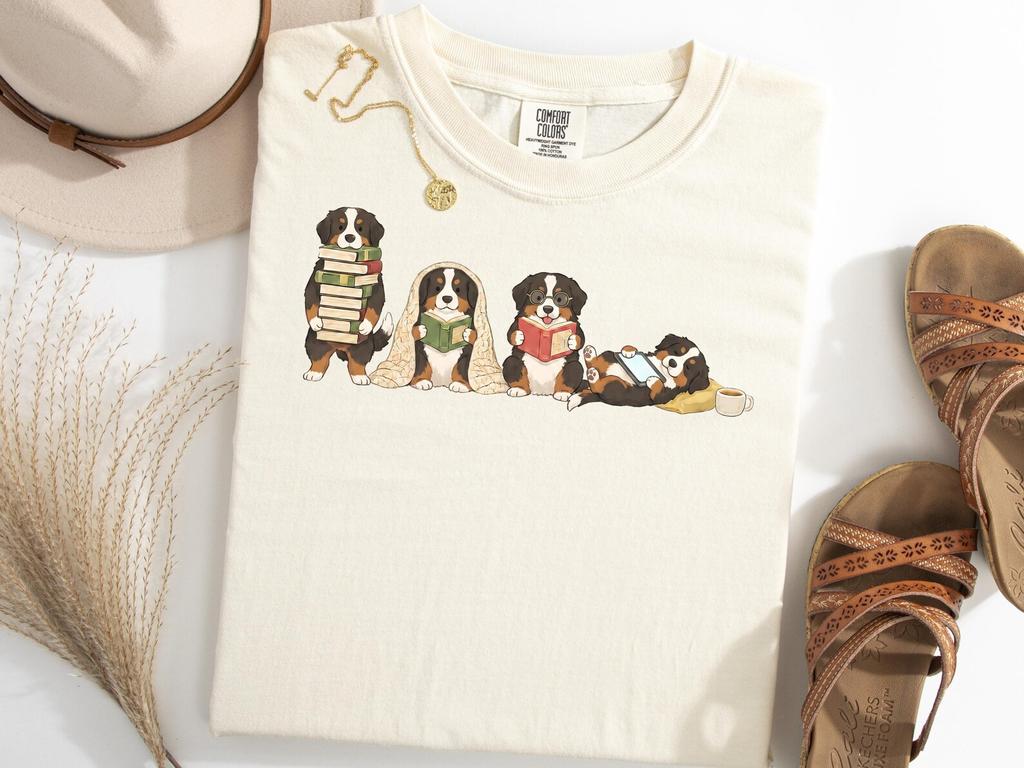 Bernese Mountain Dog Book Lover Reading T-Shirt, Bookish Reader Nerd Tee