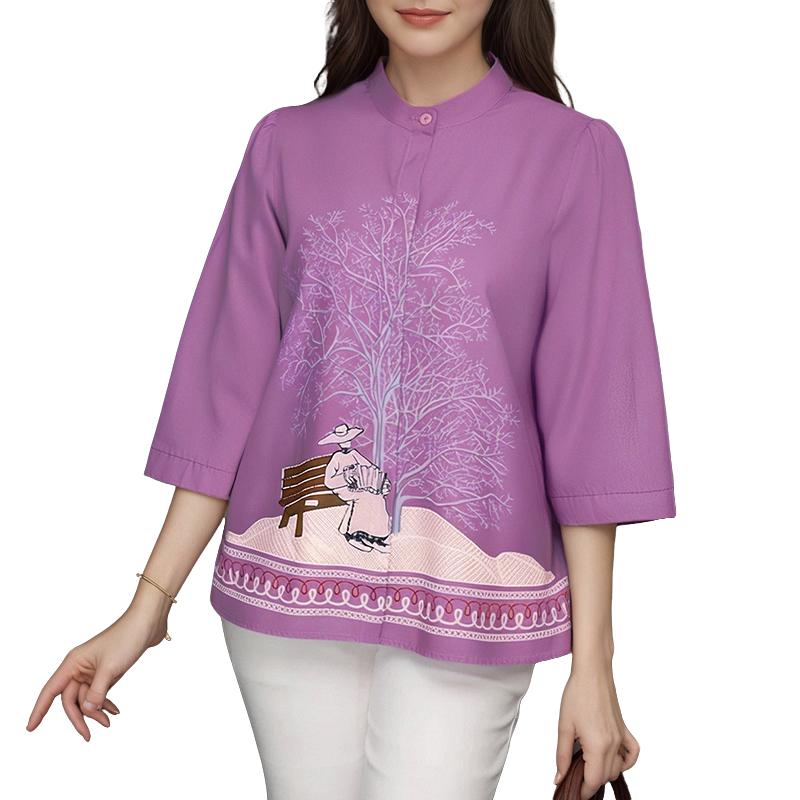 ZANZEA Women Casual Stand Collar Loose 3/4 Sleeve Print Blouse