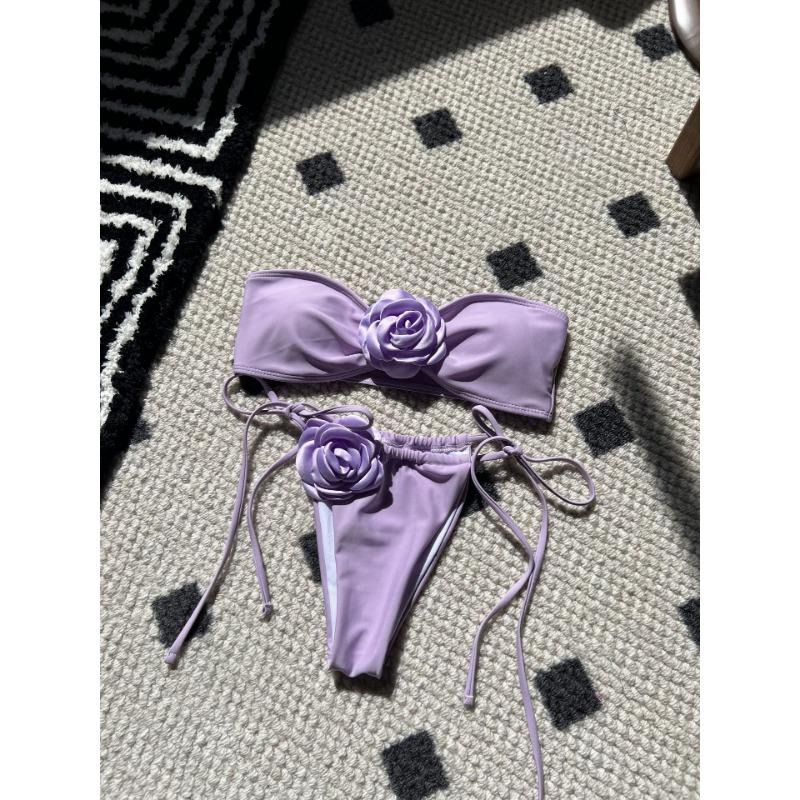 Solid Color Rose Tube Top Drawstring Strap Split Swimsuit Bikini
