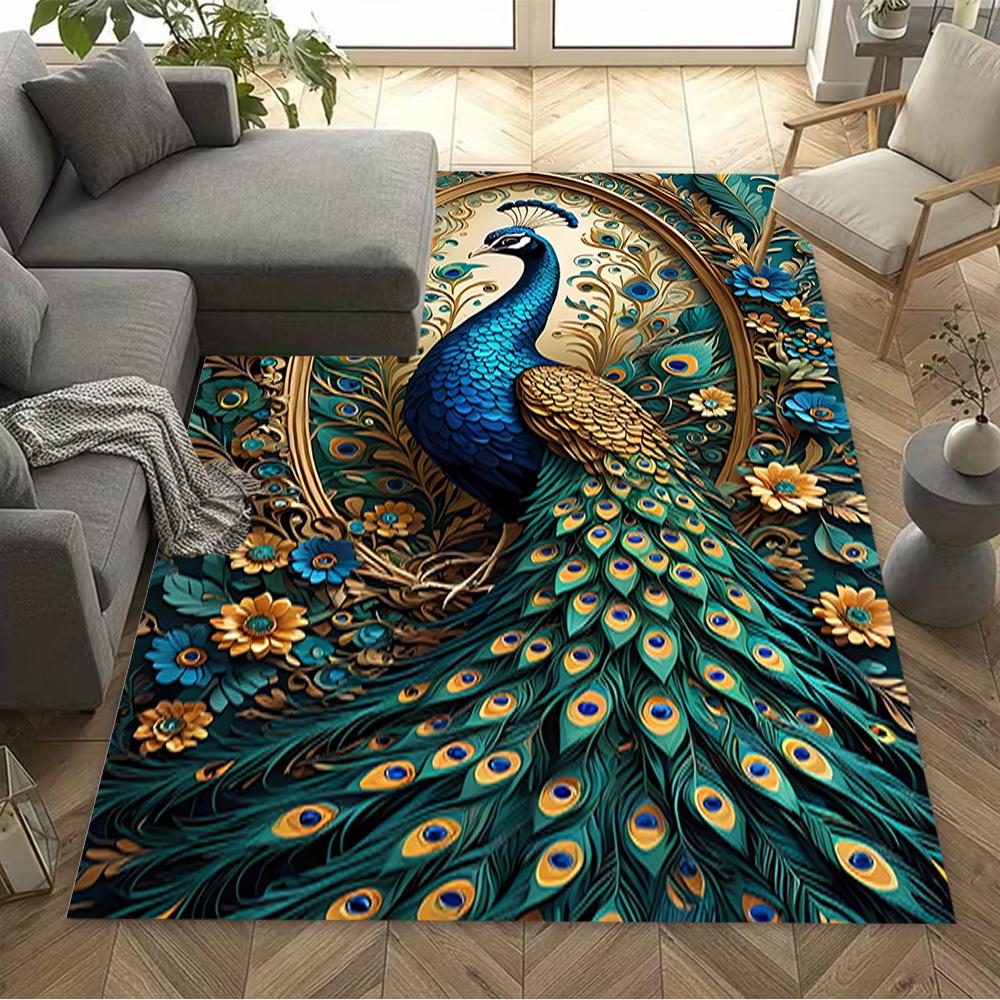 1pc Home Carpet Peacock and Flowers Non-Slip Design for Office Decor Living Room Bedroom Gift