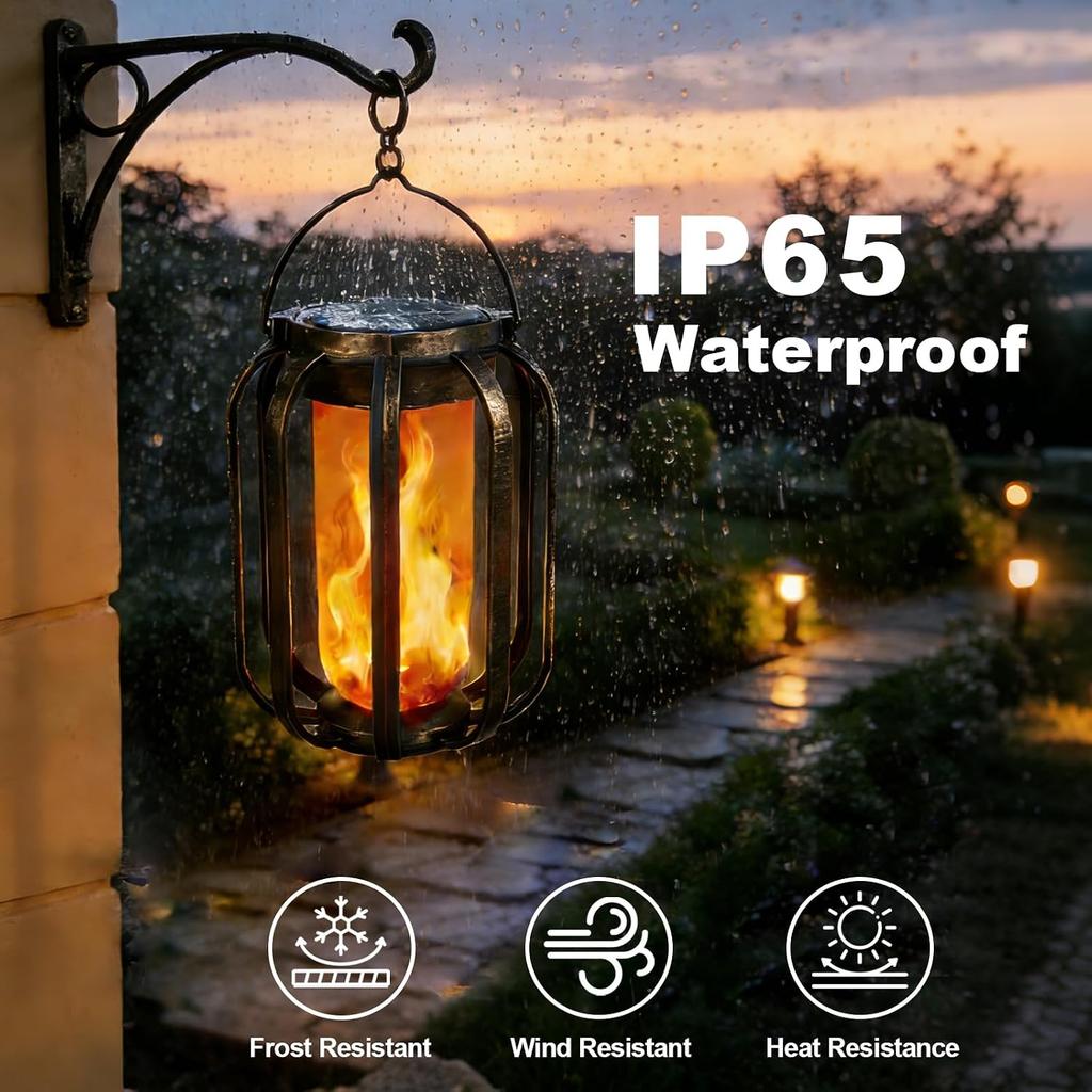 Solar Lanterns Outdoor Lights Waterproof Flickering Flame Hanging Lights, 2 Modes Solar & USB Dual Charging Pathway Lights for Yard Garden Patio