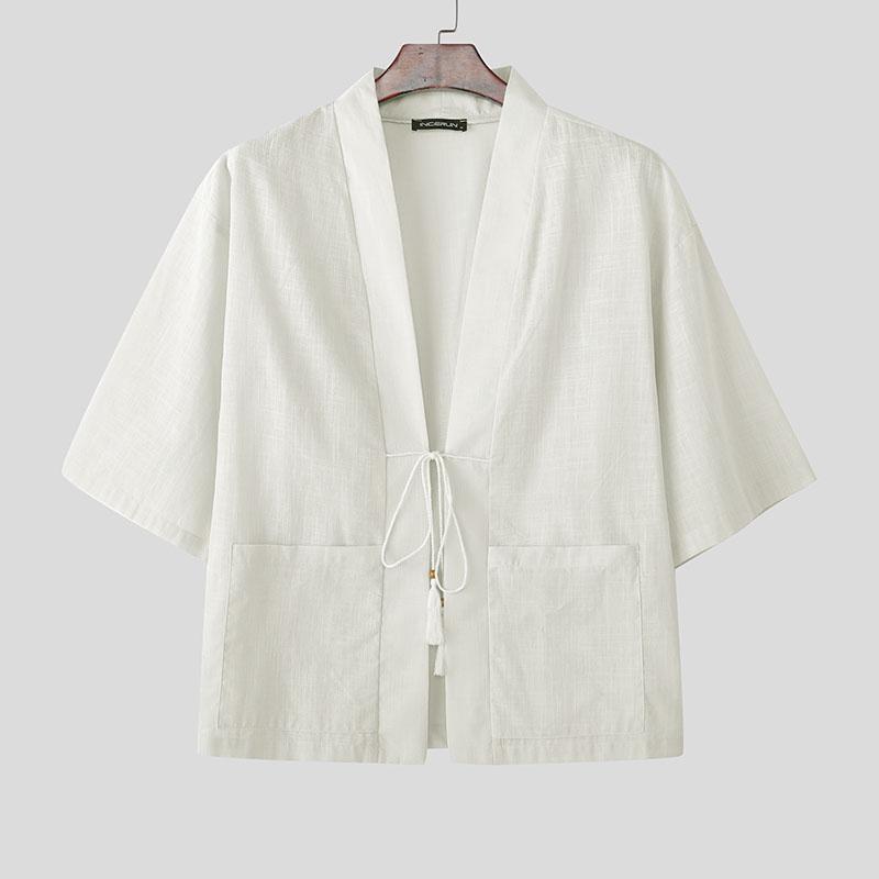INCERUN Винтажный мужской летний кардиган с рукавами 3/4 и шнуровкой, кимоно с открытым передом