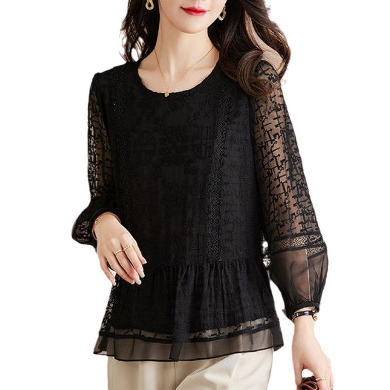 Женская одежда Стильная рубашка с вышивкой Повседневная свободная рубашка Рукав три четверти Весна Для работы Однотонная Блузка на все случаи жизни