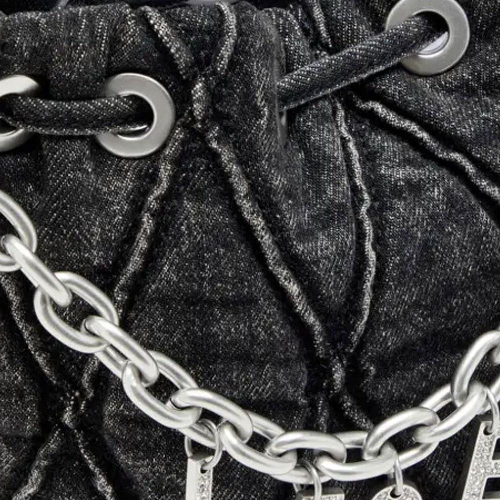 Diesel Charm-D Quilted Chain 1.9L Fabric Bucket Bag Women Bags Dark-Gray X10346P6330