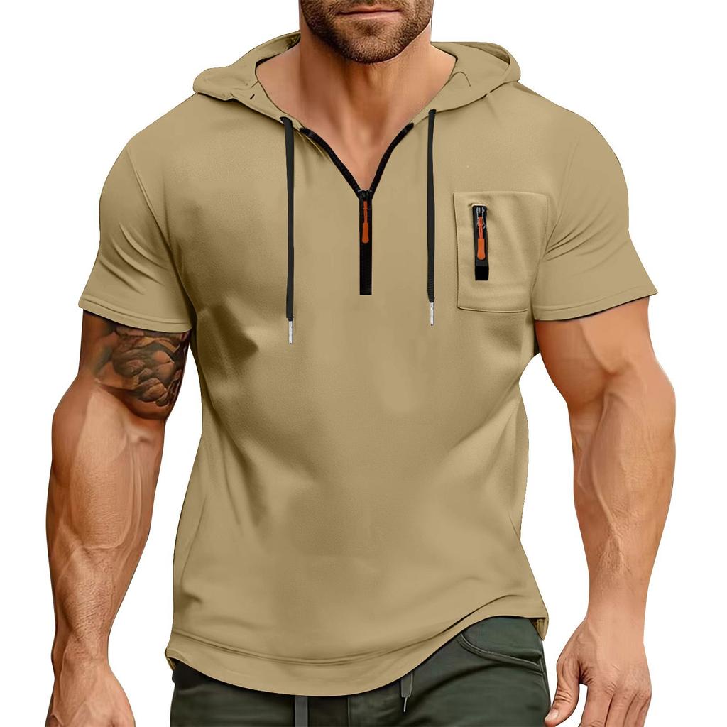 Men's Summer Shirt Zipper Pocket Short Sleeve Hooded Sweatshirt Men's Sports Large Size Casual Sweatshirt