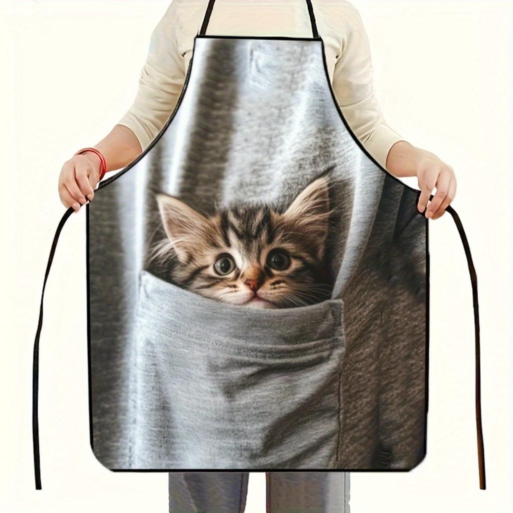 1pc Cute Cat Peeking Pocket Apron with Pocket Cat Design - Durable Polyester Unisex Kitchen Apron Suitable for Cooking, Grilling, Gardening, BBQ & Par