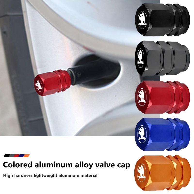 AAAJG1 For Skoda 4pcs Car Logo Wheel Tire Valve Core Cap Auto Styling Accessories Kodiaq Octavia 2 3 Rapid Karoq Fabia Kamiq Superb