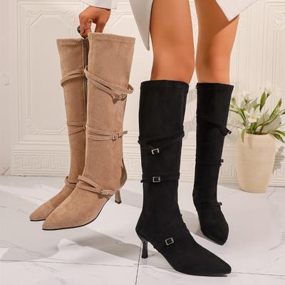 Женские высокие узкие ботинки Осень Новые Заостренный носок Замша Боковая молния Пряжка на ремне Тонкие ботинки-последователи
