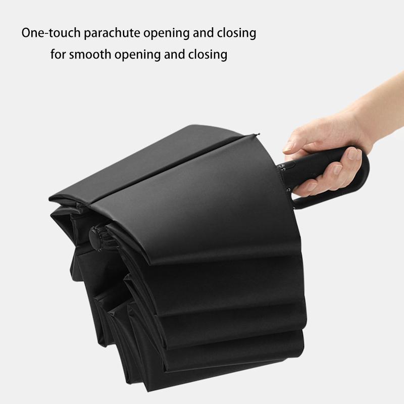 Fully Automatic Reverse-Locking 12-Rib Windproof And Rainproof Black Vinyl Sun Umbrella Suitable For Both Sunny And Rainy Days.