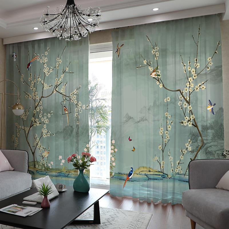 2 шт. Китайские шторы с цветочным и птичьим принтом и очаровательным пейзажем для гостиной, балкона, окон от пола до потолка и спальни