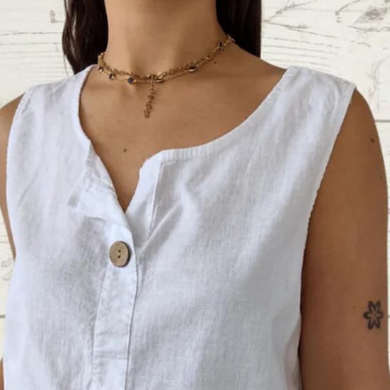Women Vest Sleeveless Button Decoration Casual Tank Tops Solid Color Cotton Linen Lightweight Breathable Tops