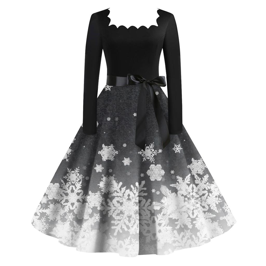 Women's Fashion Vintage Long Sleeve Square Neck Christmas Printed Evening Party Dresses Dresses