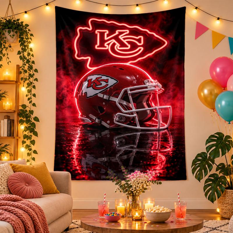 Polyester Wall Tapestry with Kansas City Chiefs Design, Decorative Hanging for Bedroom Living Room Dorm