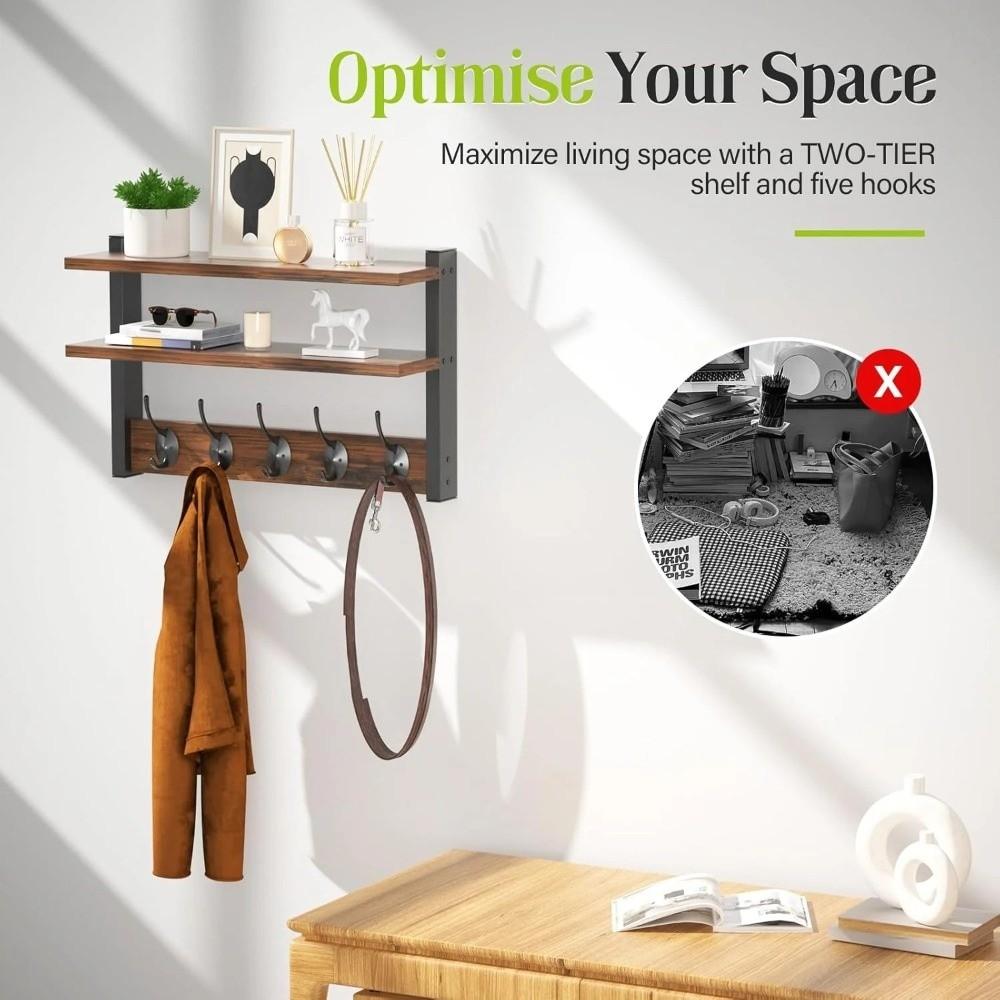 with Hooks Two-Tier Coat Rack Wall Mounted Entryway Coat Hook Wall Shelf for Bedroom Living Room