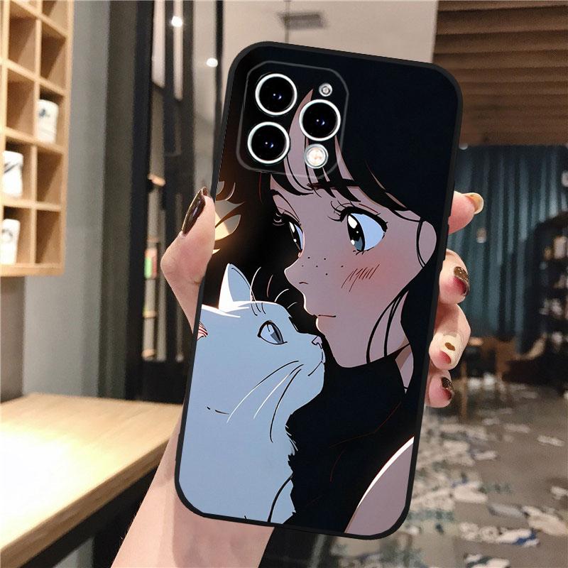 Аниме Девушка Женщина с Кошкой Чехол для Телефона Для iphone 16 15 14 Pro Max 16 15 14 13 12 Pro 15Plus iphone 11