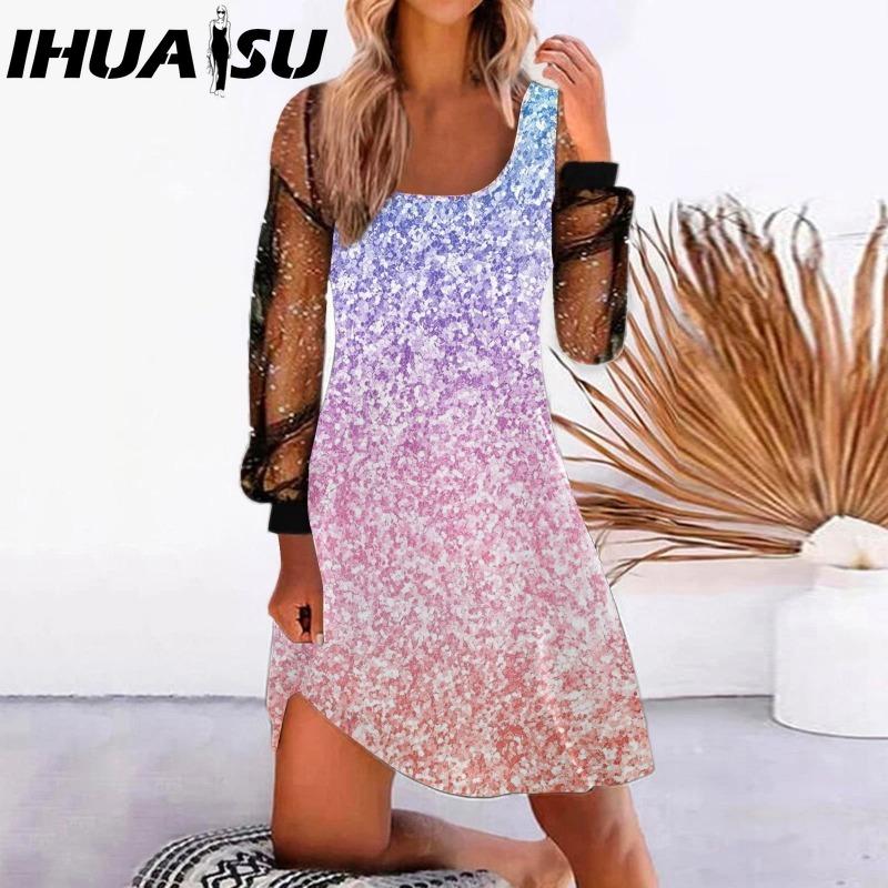 IHUASU Женская мода весна осень однотонный принт длинный рукав U-образный вырез высокая талия повседневные платья