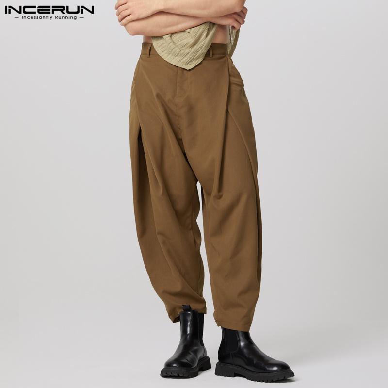 INCERUN Весенние мужские модные широкие длинные брюки для бега, однотонные повседневные свободные брюки макси, большие размеры