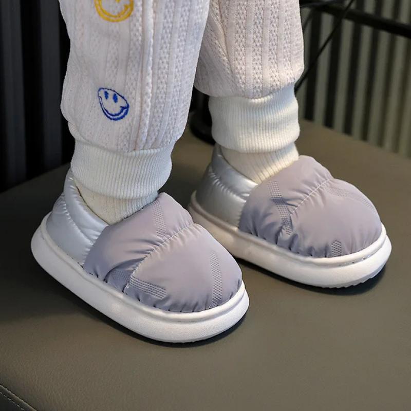 Детские зимние водонепроницаемые хлопковые тапочки, модные тапочки для малышей, мальчиков и девочек, нескользящая пятка, теплая плюшевая высокая домашняя обувь