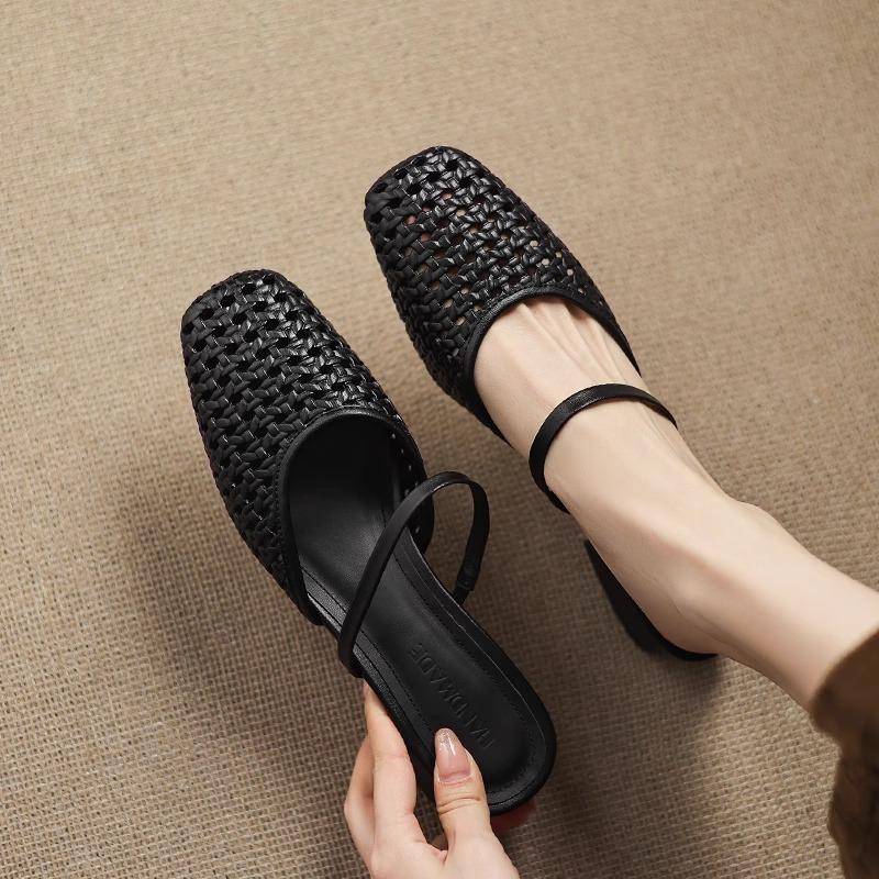 Женская обувь с квадратным носком, полушлепанцы с откидным верхом, на толстом каблуке, в ретро-стиле, плетеные, ажурные сандалии