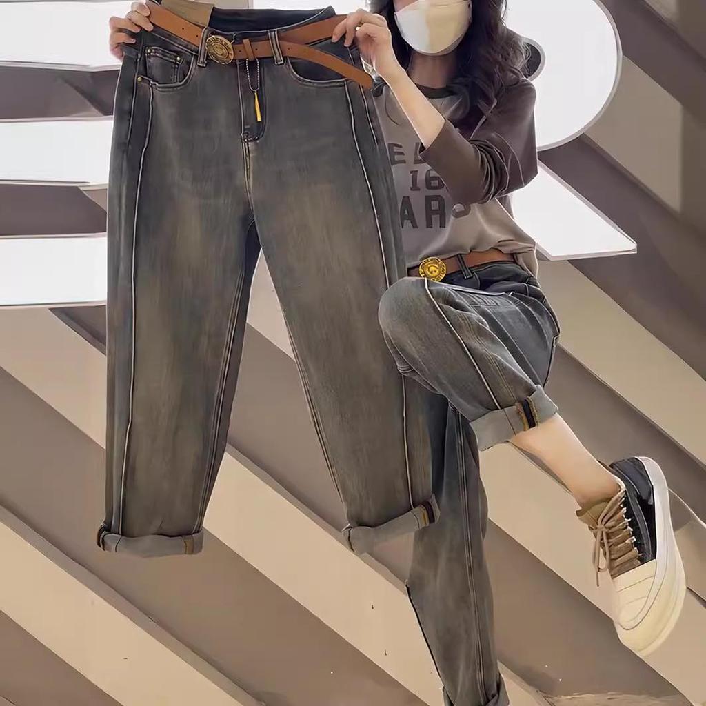 Джинсы женские маленького размера с высокой посадкой и прямыми штанинами, осенне-зимние, свободные, стройнящие, больших размеров, укороченные брюки гаремы