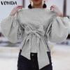 VONDA Женские винтажные рубашки с открытыми плечами и длинным рукавом в полоску с галстуком-фонариком