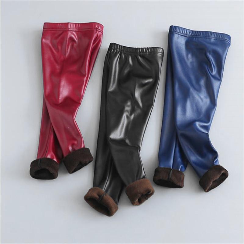 Autumn Winter Kids Warm Trousers Girls Boys Faux PU Leather Pants Slim Girls Leggings