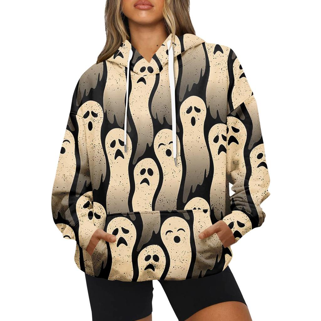 Женская модная повседневная толстовка с капюшоном и принтом на Хэллоуин с длинными рукавами