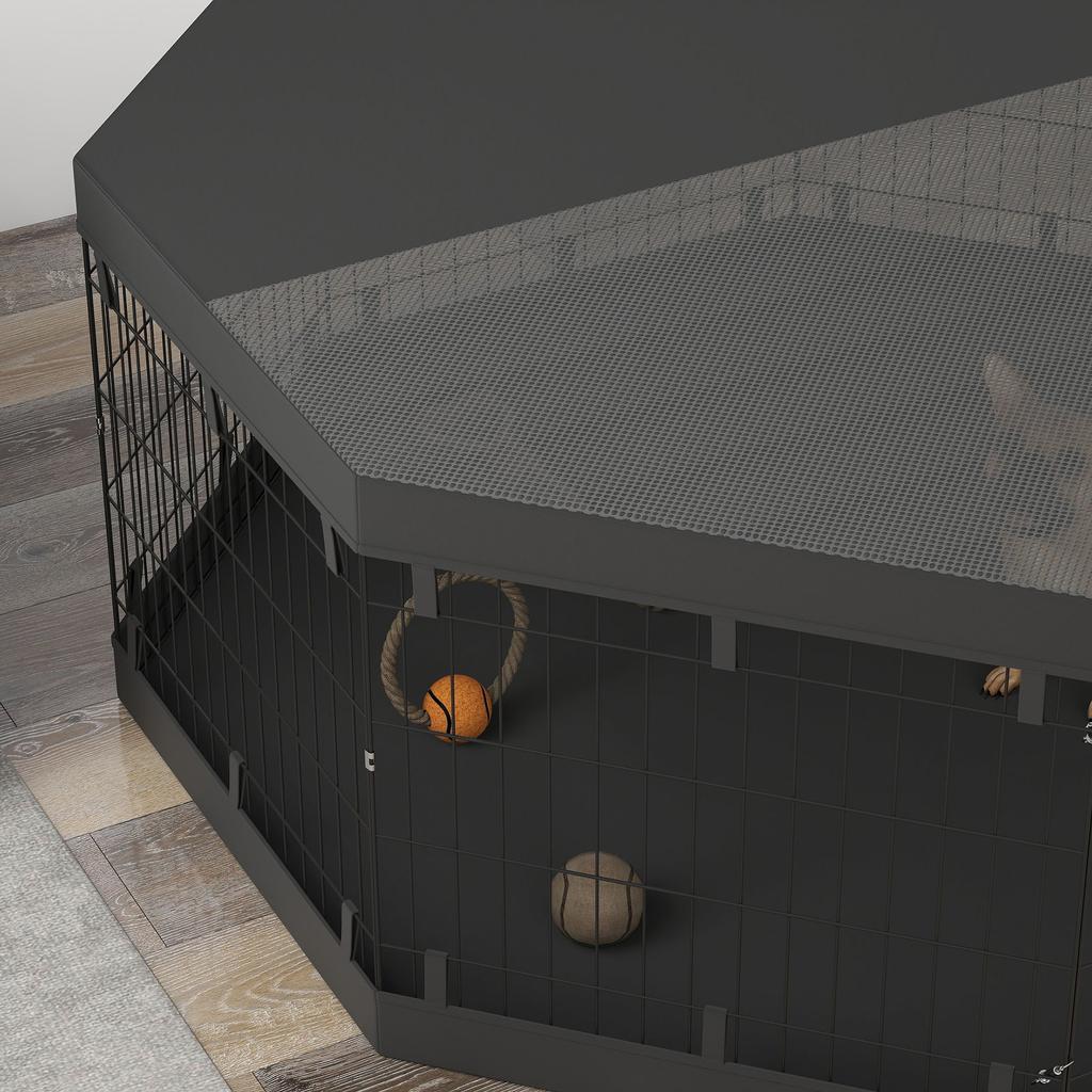Dog playpen, indoor enclosure, 8 folding panels, door, steel, 61 x 61 cm, black