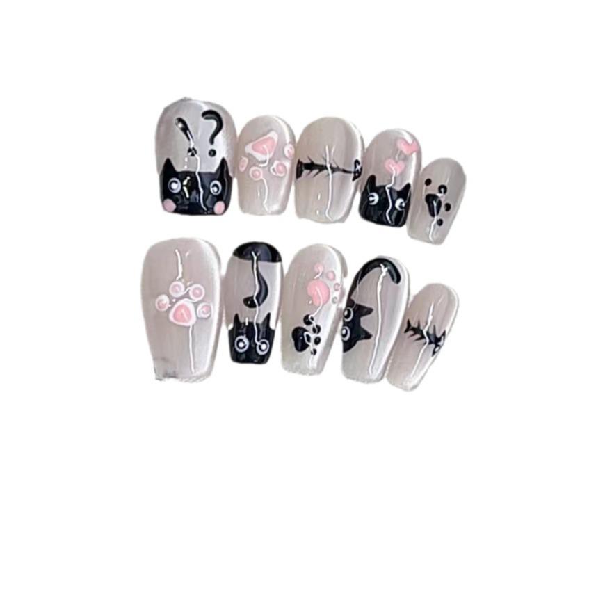 Чисто ручная работа Фототерапия Носителя Кошка Готовое изделие Многоразовые накладки для ногтей для съемных