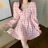 Japanese Autumn Women Mini Lolita Dress Square Collar With Lace Pink Plaid Black Beading Dress Flare Sleeve Cute Kawaii Feminine Dress