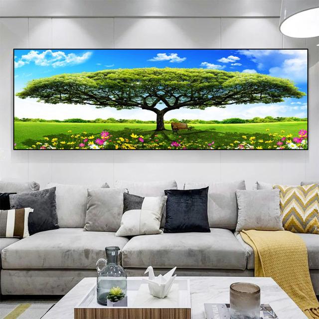 Абстрактное красное, зеленое большое дерево, деревянный стул, пейзаж, холст, живопись, постеры и принты, настенные художественные фотографии, домашний декор, без рамки