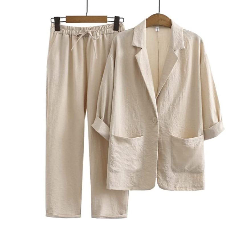 Женский костюм из 2 предметов из хлопка и льна, куртка + брюки, осенний свободный модный повседневный костюм из хлопка и льна, куртка, костюм