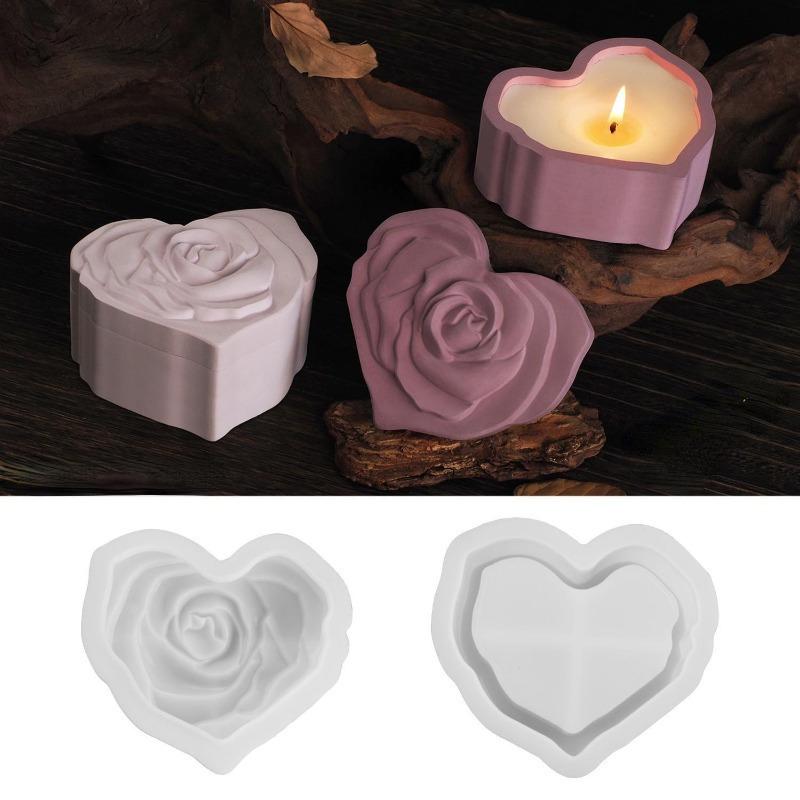 New Heart Shaped Rose Candle Mold With Lid DIY Storage Box Silicone Mold 3D Carving Rose Cement Mold Epoxy Resin Gypsum Mold