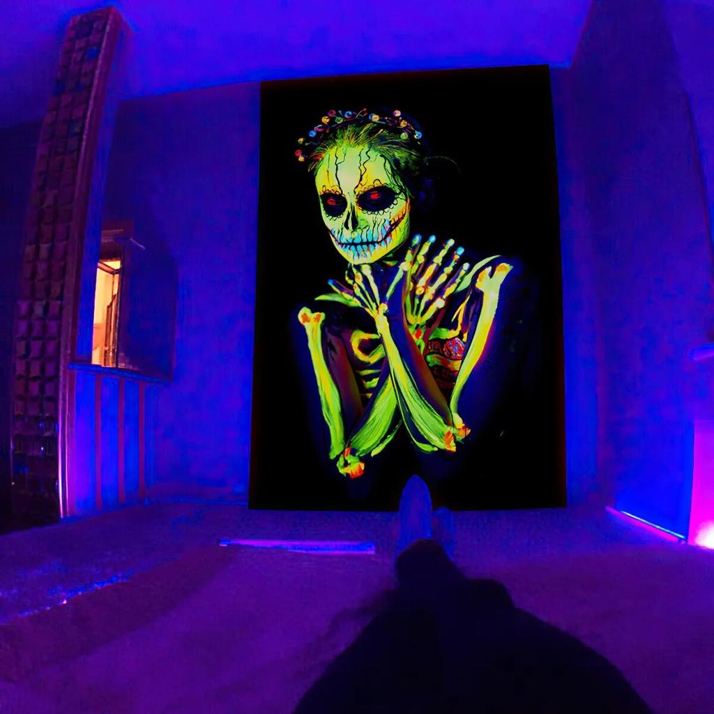 Флуоресцентный гобелен, УФ-реакция, психоделический череп, гриб, стена, хиппи, спальня, общежитие, украшение отдельной комнаты