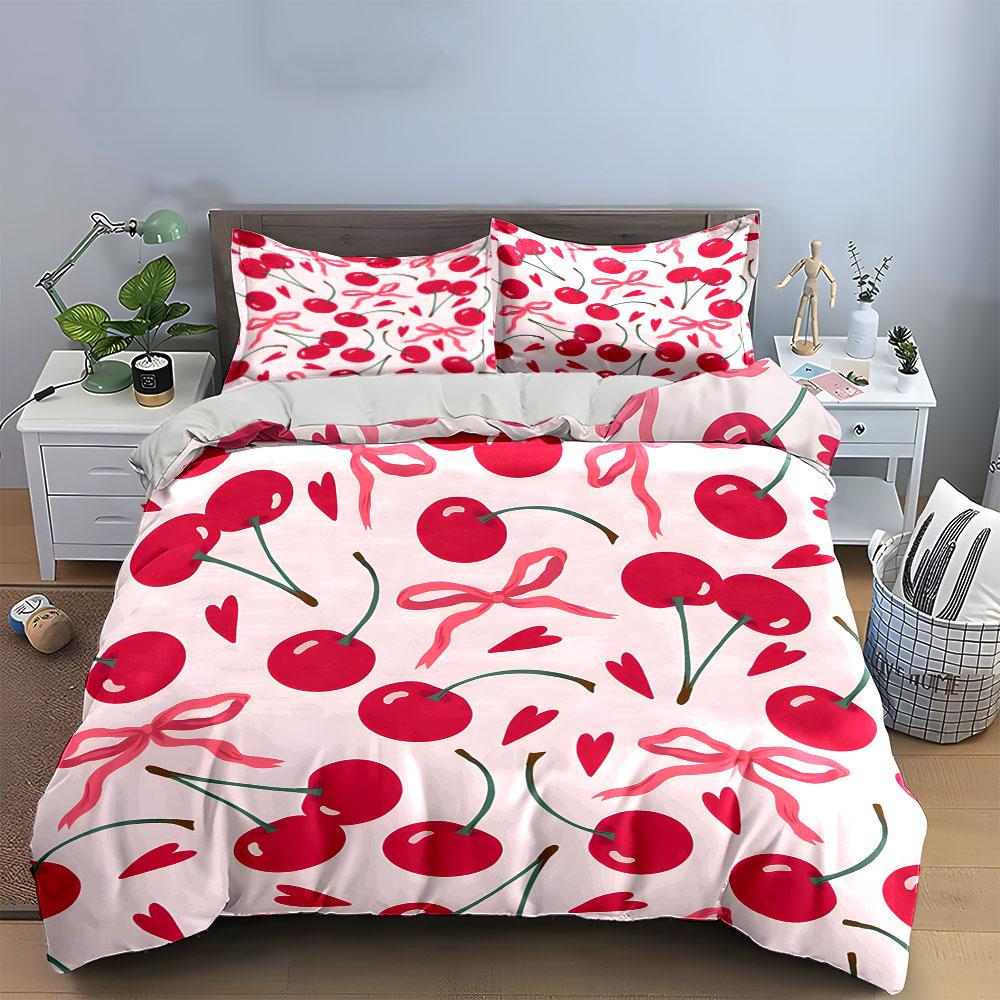 Cherry Pattern with Pink Bows Bedding Duvet Cover Set (1*Duvet Cover 2*Pillowcases, without duvet insert)