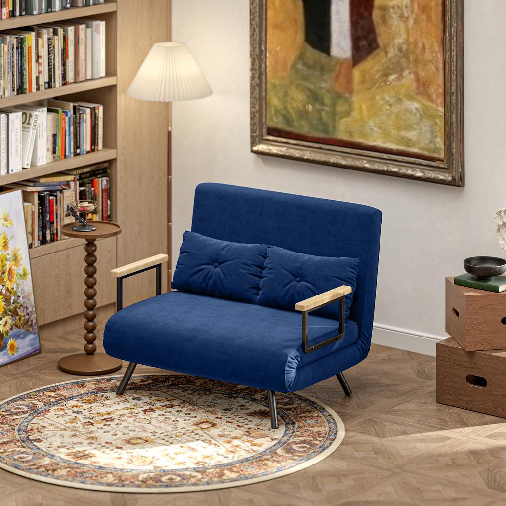 Sofa Bed 3 in 1 in Velvet-Effect Fabric with Adjustable Backrest and 2 Cushions, 102x73x81 cm, Blue