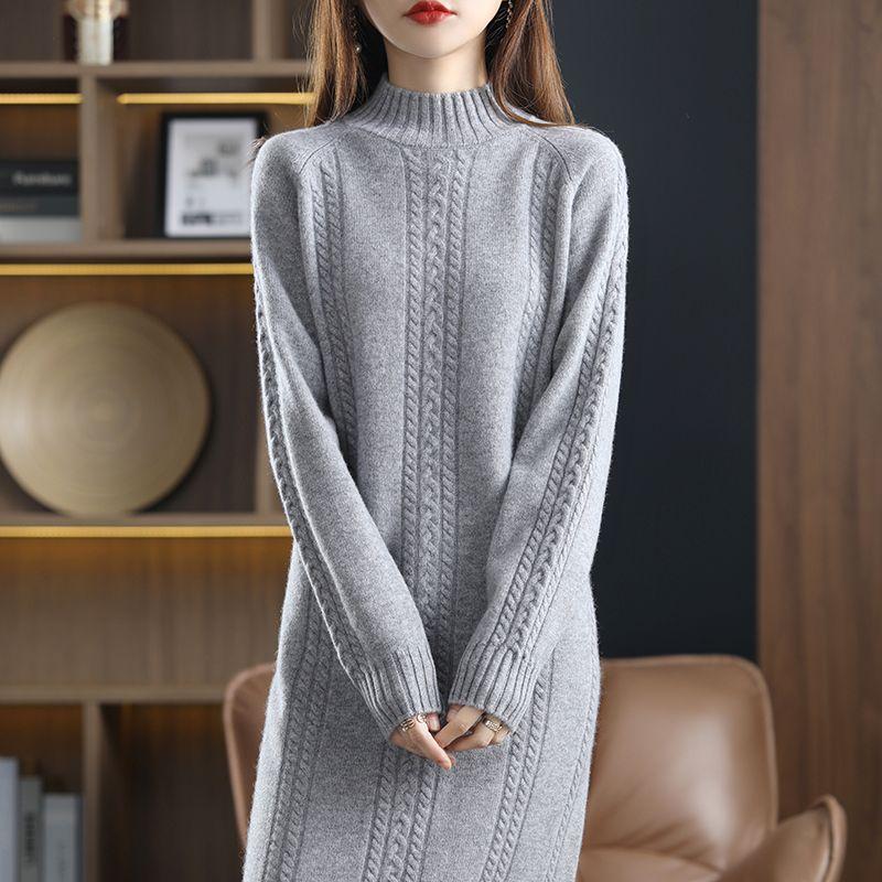 Autumn and Winter Dress Sweater Wool Women Solid Loose O Neck Long Sleeve Half High Collar Fried Dough Twists Dress Pullover
