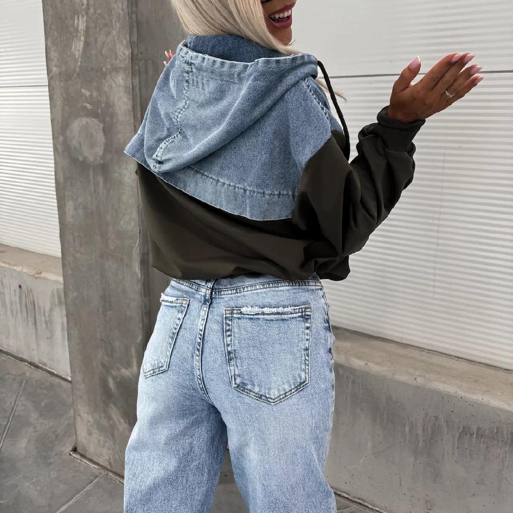 Женские осенние толстовки с капюшоном, толстовки с длинным рукавом, джинсовые сшивание, пуловеры, толстовки, топы