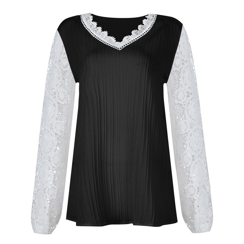 Женская свободная повседневная футболка с v-образным вырезом и кружевом в стиле пэчворк с длинными рукавами