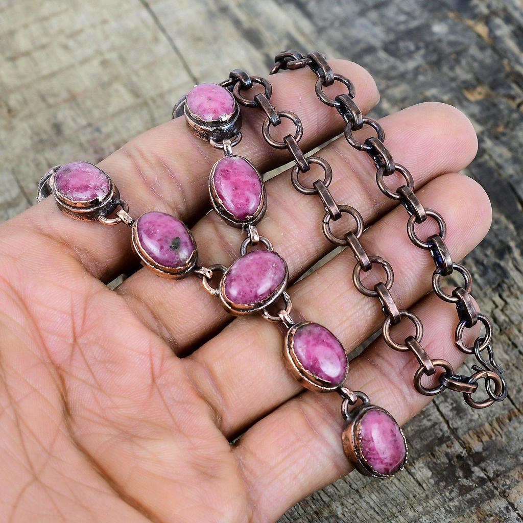 Родонитовый кулон, гальванопластический медный кулон, кулон с регулируемой цепочкой, кулон с драгоценным камнем, кулон ручной работы, подарок на годовщину, гальванопластические украшения