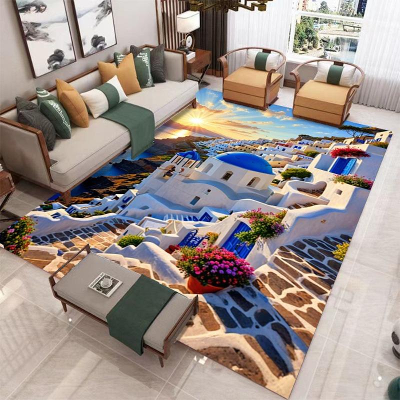 3D Реалистичный Санторини и Снежная гора Природный пейзаж Ковер Мат Коврик - Современная гостиная Домашний декор Ковер для спальни