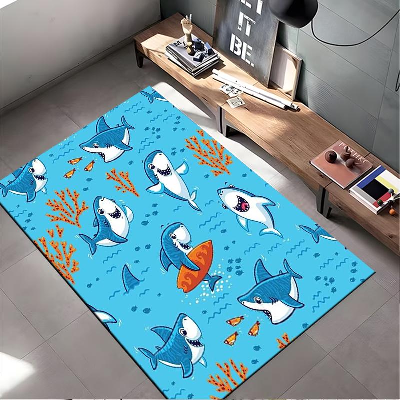 Kids Cartoon Area Rug, Cute Sharks Surfing Coral Ocean Seamless Pattern Print, Nursery Playroom Bedroom Decor, Non-Slip Mat