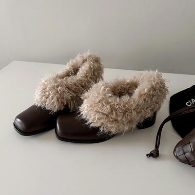 Версия из коровьей кожи~ Пушистые туфли с квадратным носком на одной педали, ретро-бархатные теплые Мэри Джейн, маленькие кожаные туфли, хлопковые туфли на толстом каблуке, одинарные туфли