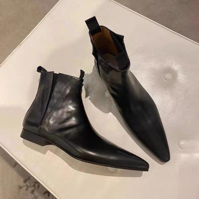 Ретро кожаные французские остроносые ботинки челси женские осенне-зимние короткие ботинки на плоской подошве маленькие ботильоны