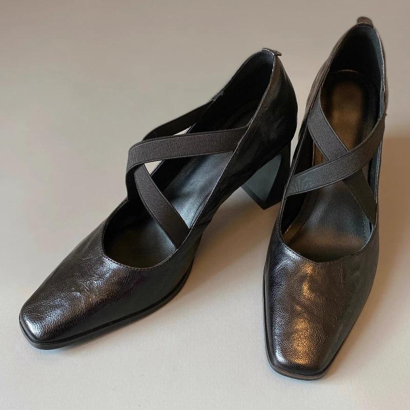 Модные Элегантные Туфли-лодочки на Массивном Каблуке с Перекрестной Шнуровкой Женские Удобные Сандалии с Квадратным Носком и Мелким Вырезом Модная Офисная Обувь Tacones Mujer