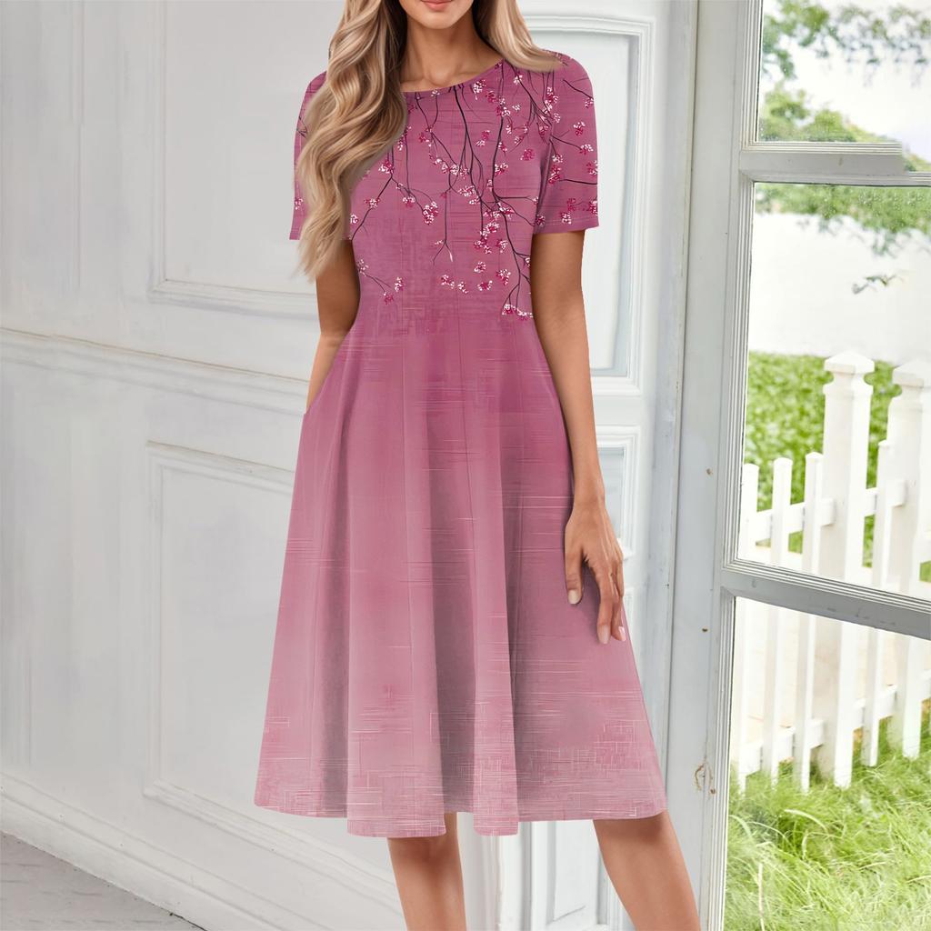 Женское повседневное модное платье миди с круглым вырезом и коротким рукавом с принтом