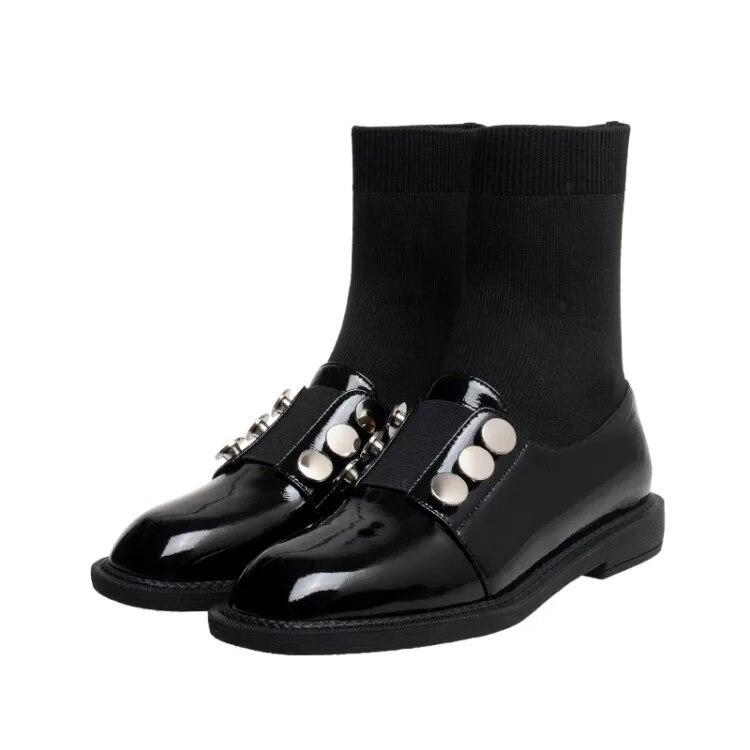 Вязаные эластичные ботинки, женские носки, ботинки, черные туфли из коровьей кожи на плоской подошве, ботильоны с украшениями на пуговицах