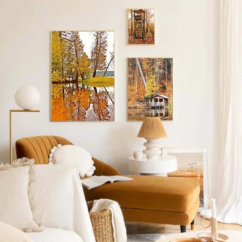 Осенний пейзаж Холст Плакат Желтые листья Осенний вид Настенная живопись Печать тыквы Картина на Хэллоуин Гостиная Домашний декор