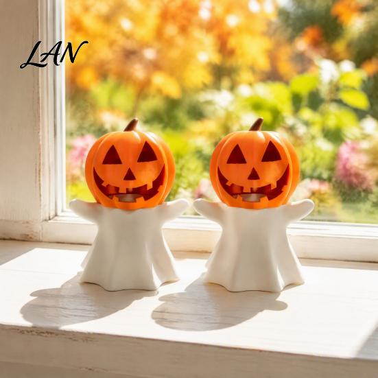 Desktop Ghost Figurine Halloween Pumpkin Candle Holder, Decorative LED Electronic Creative Holiday Props Stand, 3D Printed Ornament for Party