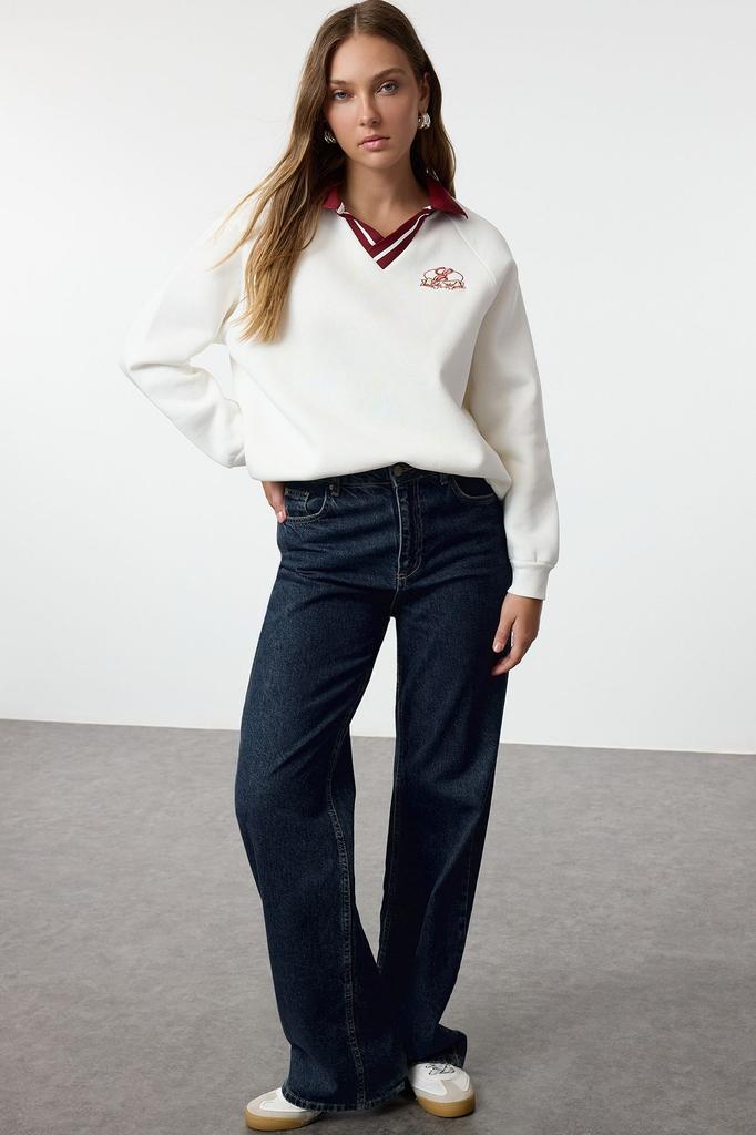 Women's Fashionable Stylish Sweatshirt Ecru Embroidered Oversize Gneish Mold Thick Inside Fleece Knitted Sweatshirt